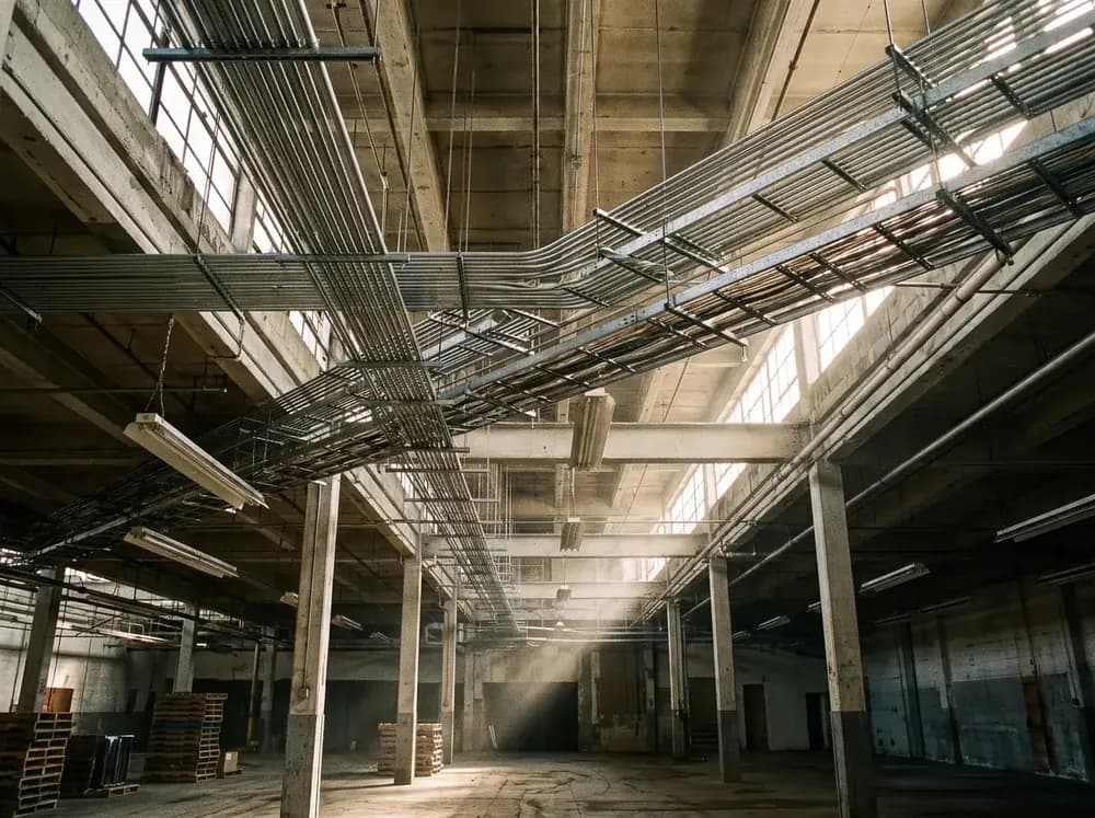 Industrial electrical conduit and cable trays running along a commercial warehouse ceiling