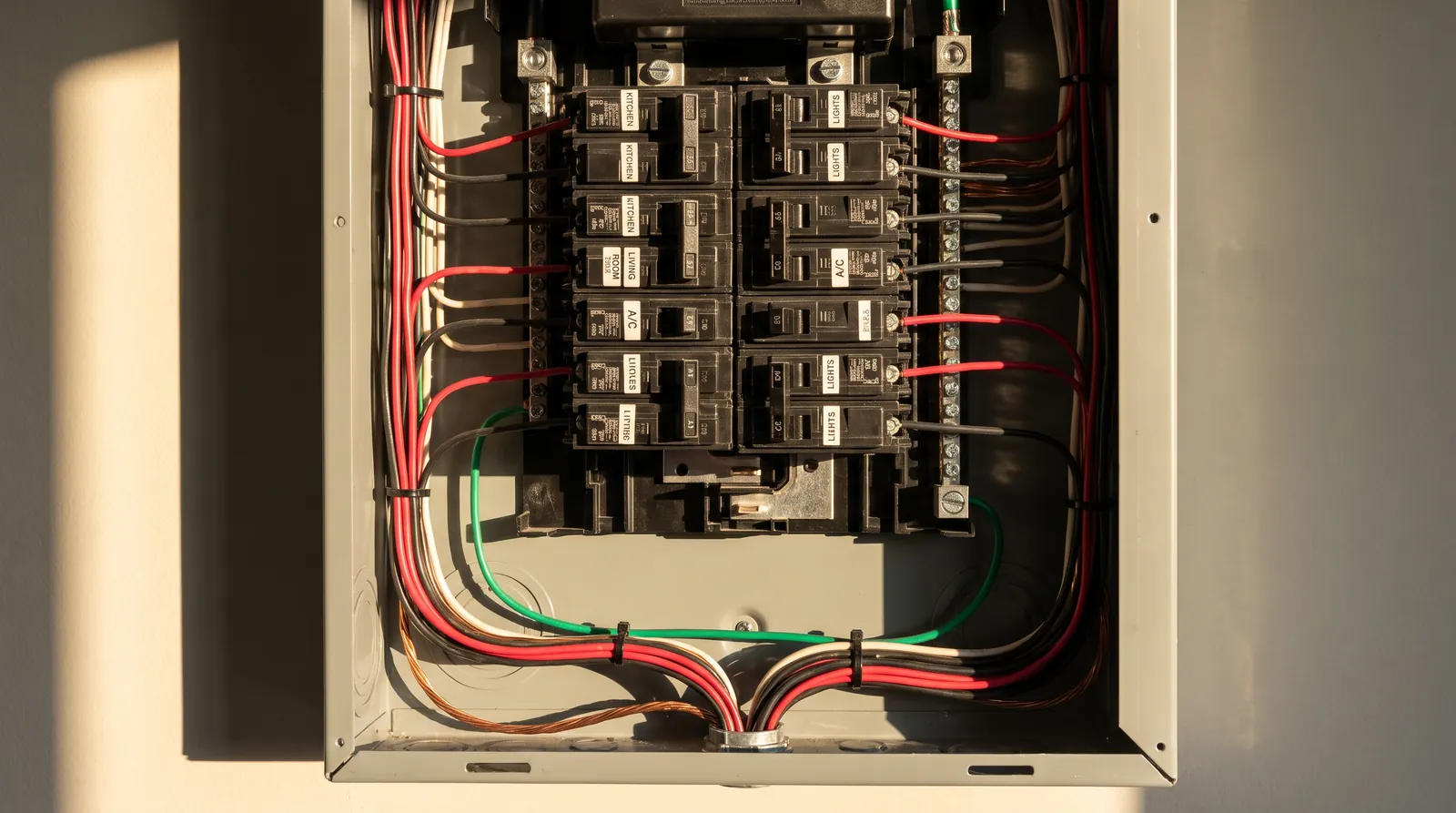 Open residential circuit breaker panel with organized wiring