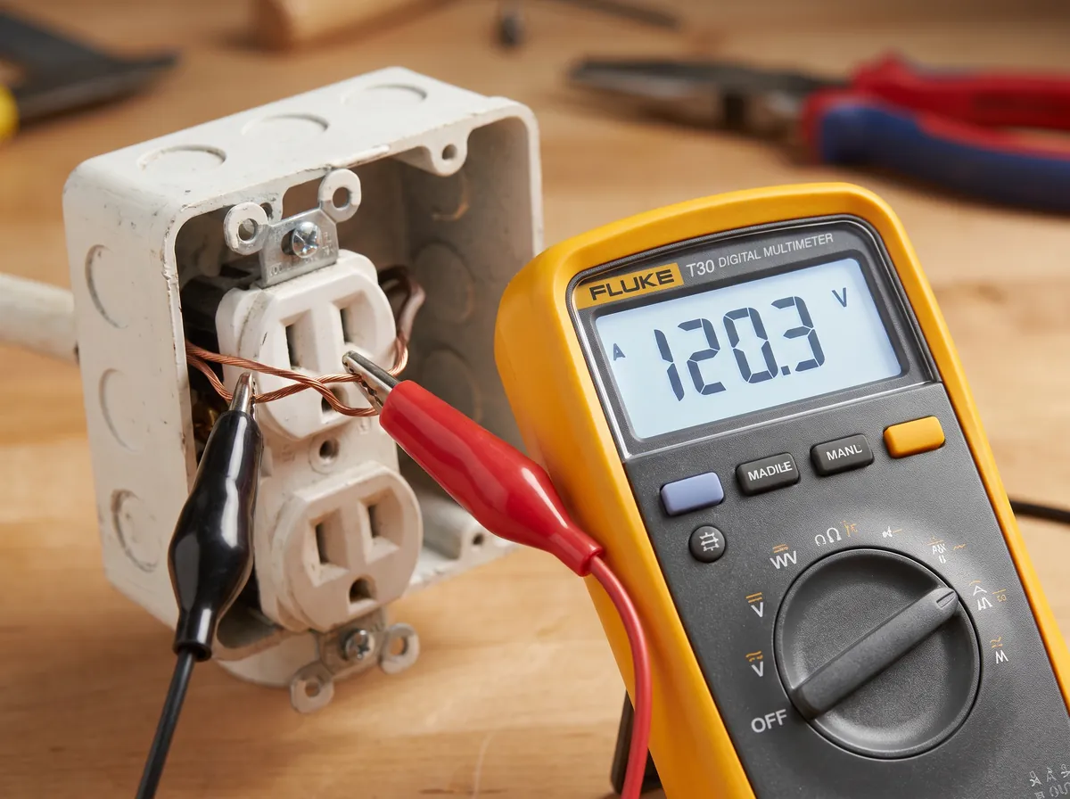 Digital multimeter reading voltage on a residential electrical outlet