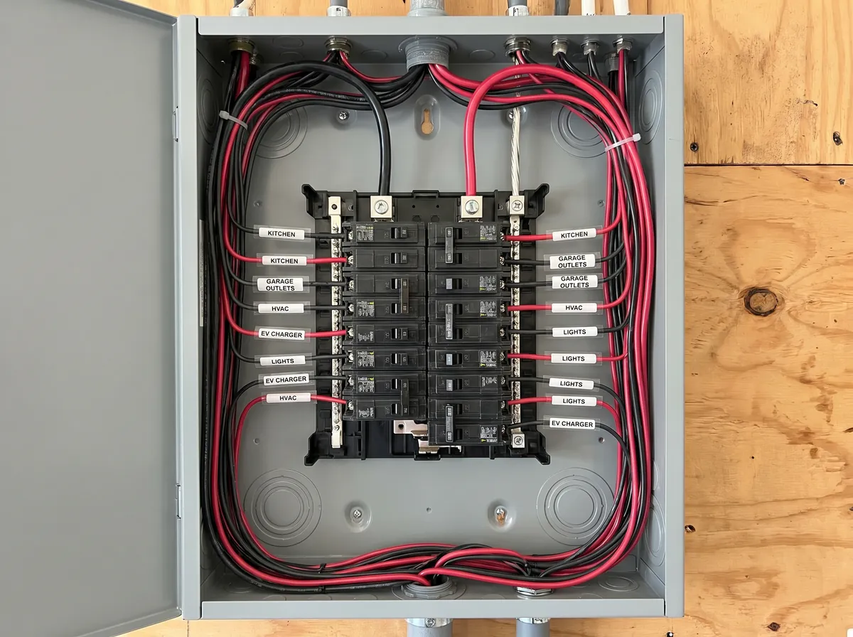 Newly installed residential circuit breaker panel with labeled circuits