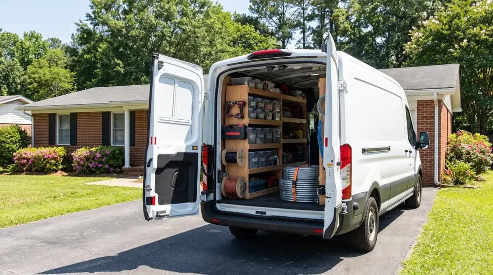 Service van in a Northport driveway with organized electrical tools and supplies